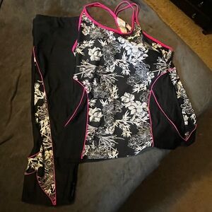 Stylish Black Floral Racerback Swim Tank top with Pink Trim and swim pants